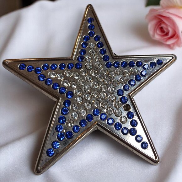 Silver Star Western Belt Buckle with Clear & Cobalt Crystals – Fits 1.5" Belt - Picture 8 of 9